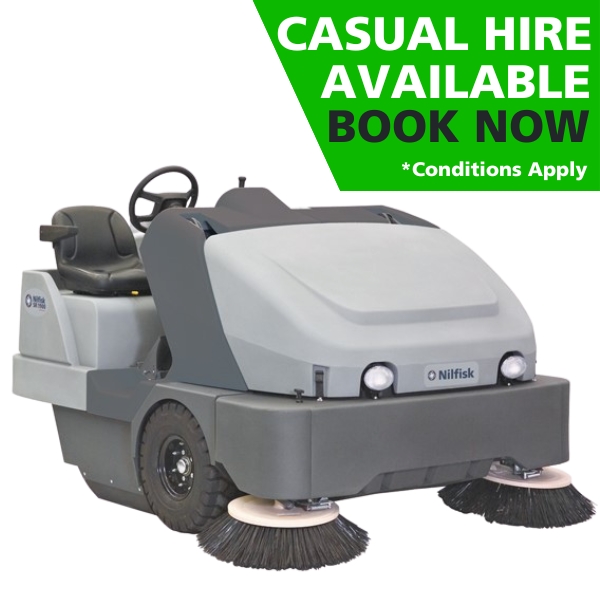 Nilfisk SW8000 Industrial Ride-On Sweeper Hire, Available in LPG or Diesel.